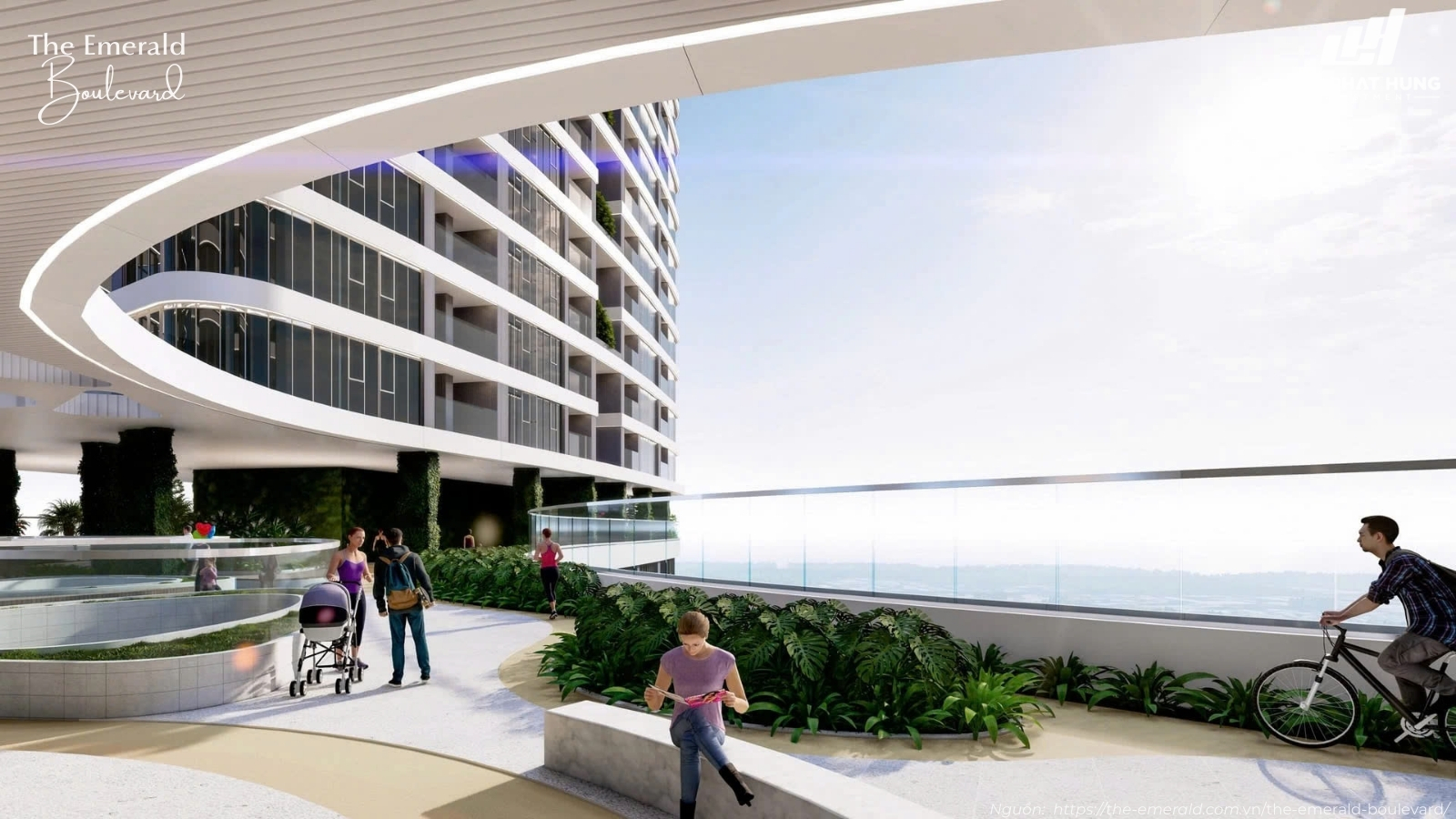Đường dạo bộ và cảnh quan ngoài trời tầng cao của căn hộ The Emerald Boulevard Bình Hòa