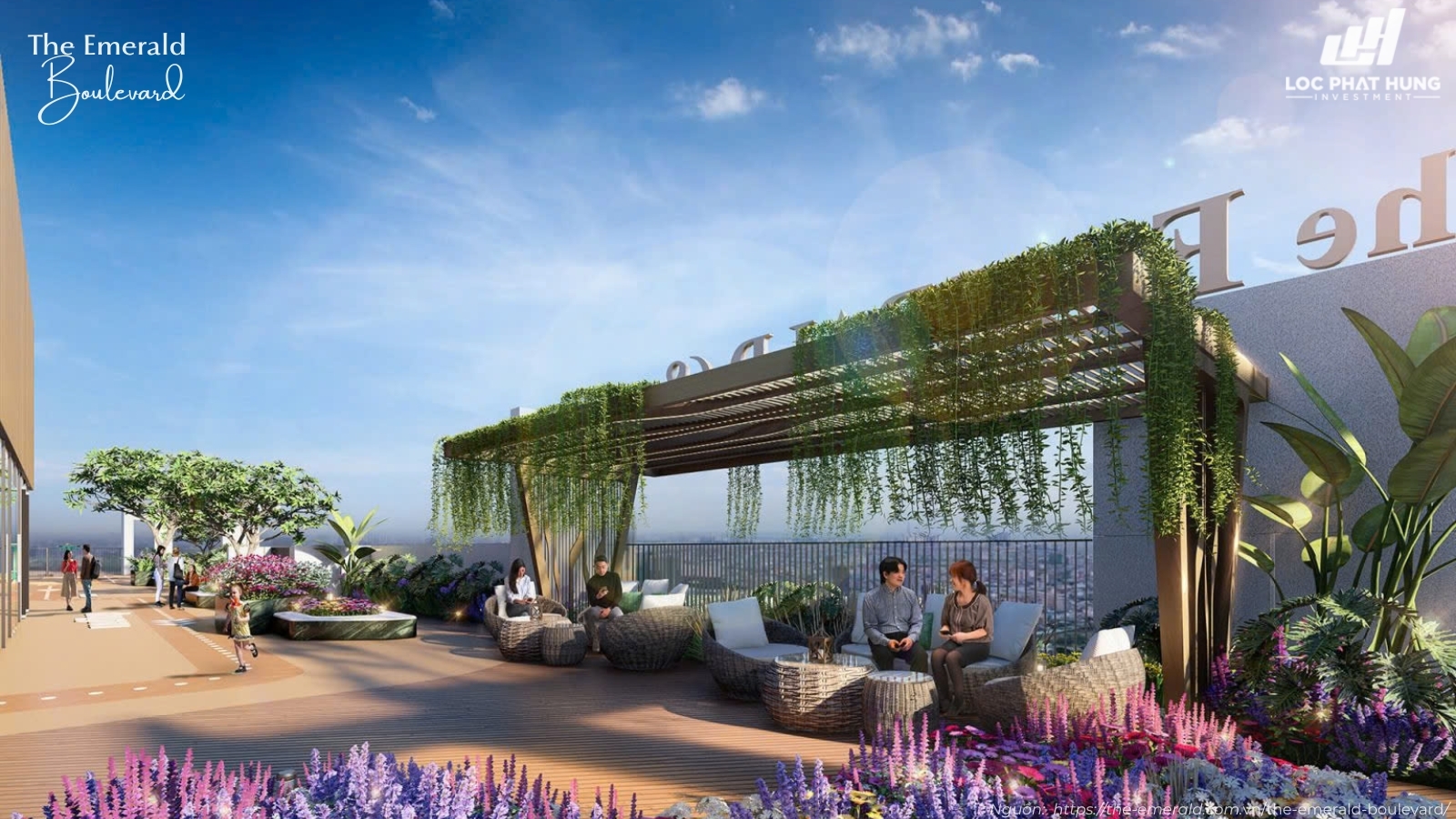 Khu vực Lounge/Thư giãn có mái che trên sân thượng dự án The Emerald Boulevard Bình Hòa, TPHCM