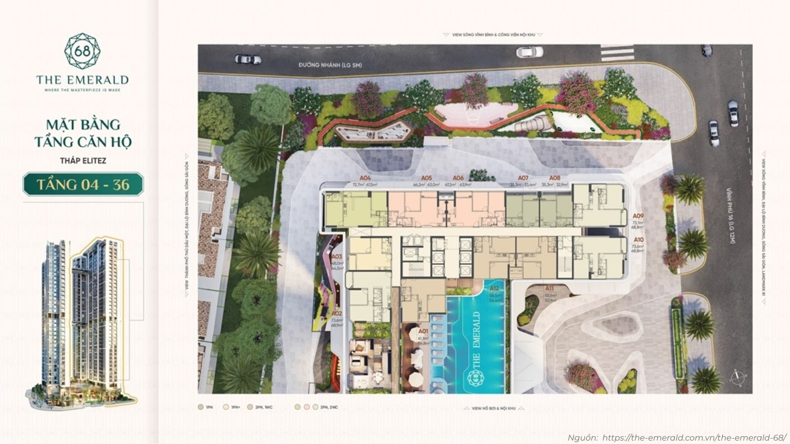 Mặt bằng tầng điển hình tháp Elitez (Tháp A) dự án The Emerald 68 Thuận An