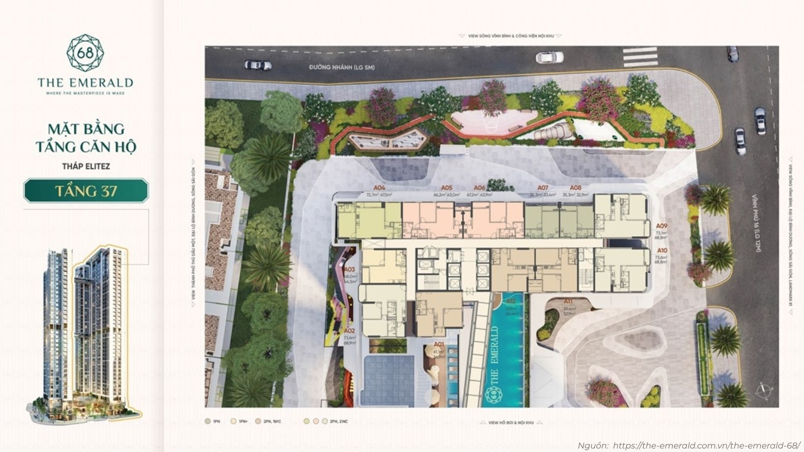 Mặt bằng tầng điển hình tháp Elitez (Tháp A) dự án The Emerald 68 Thuận An