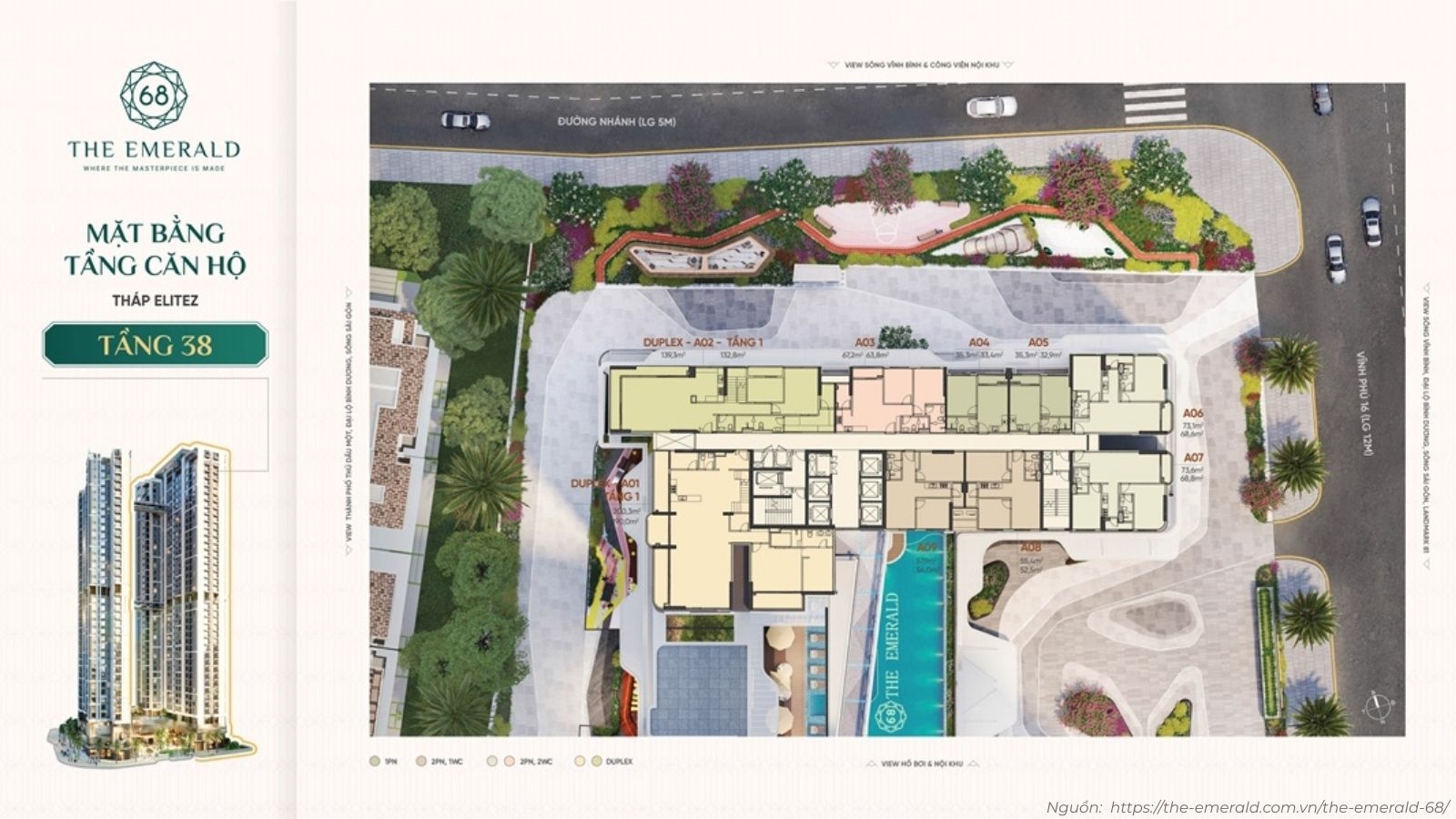 Mặt bằng tầng điển hình tháp Elitez (Tháp A) dự án The Emerald 68 Thuận An