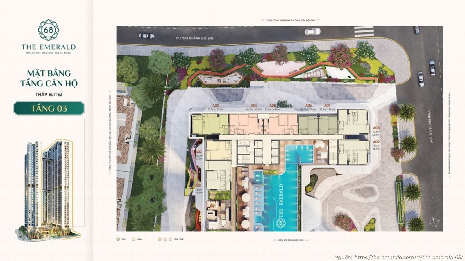 Mặt bằng tầng điển hình tháp Elitez (Tháp A) dự án The Emerald 68 Thuận An