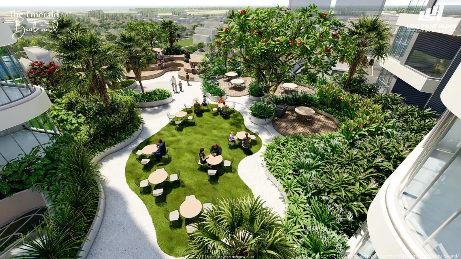 Khu vực Sky Garden (Vườn trên cao) với không gian cà phê thư giãn tại The Emerald Boulevard