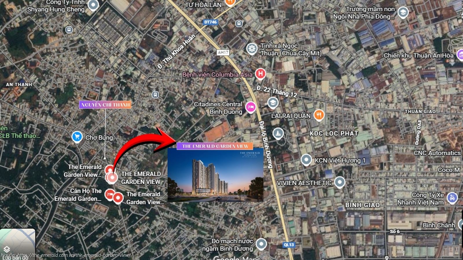 Bản đồ vị trí thực tế dự án The Emerald Garden View trên vệ tinh: Mặt tiền Nguyễn Chí Thanh