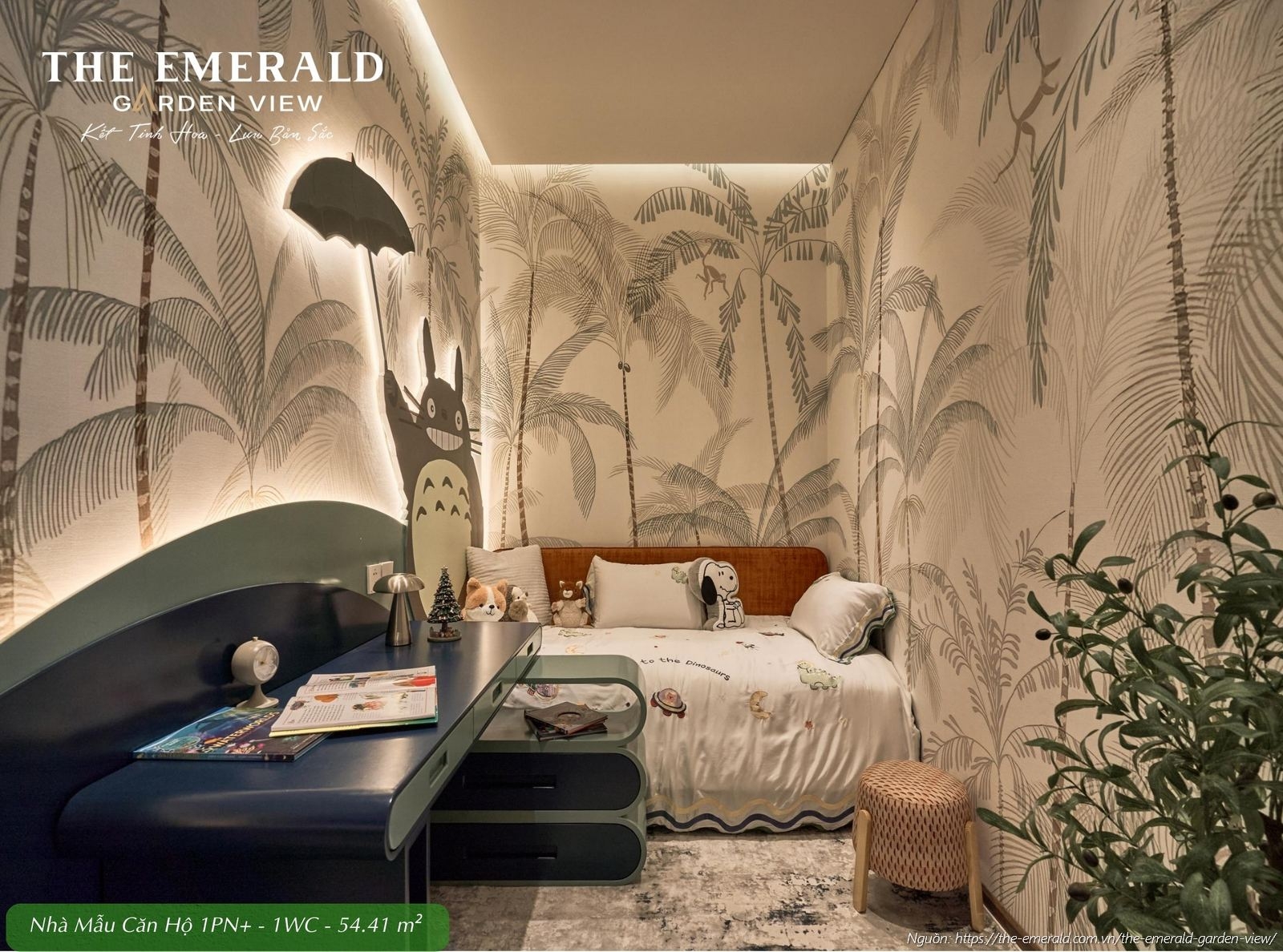 Bố trí không gian đa năng cộng thêm tại nhà mẫu căn hộ 1 phòng ngủ diện tích tim tường 54.41 m2 The Emerald Garden View