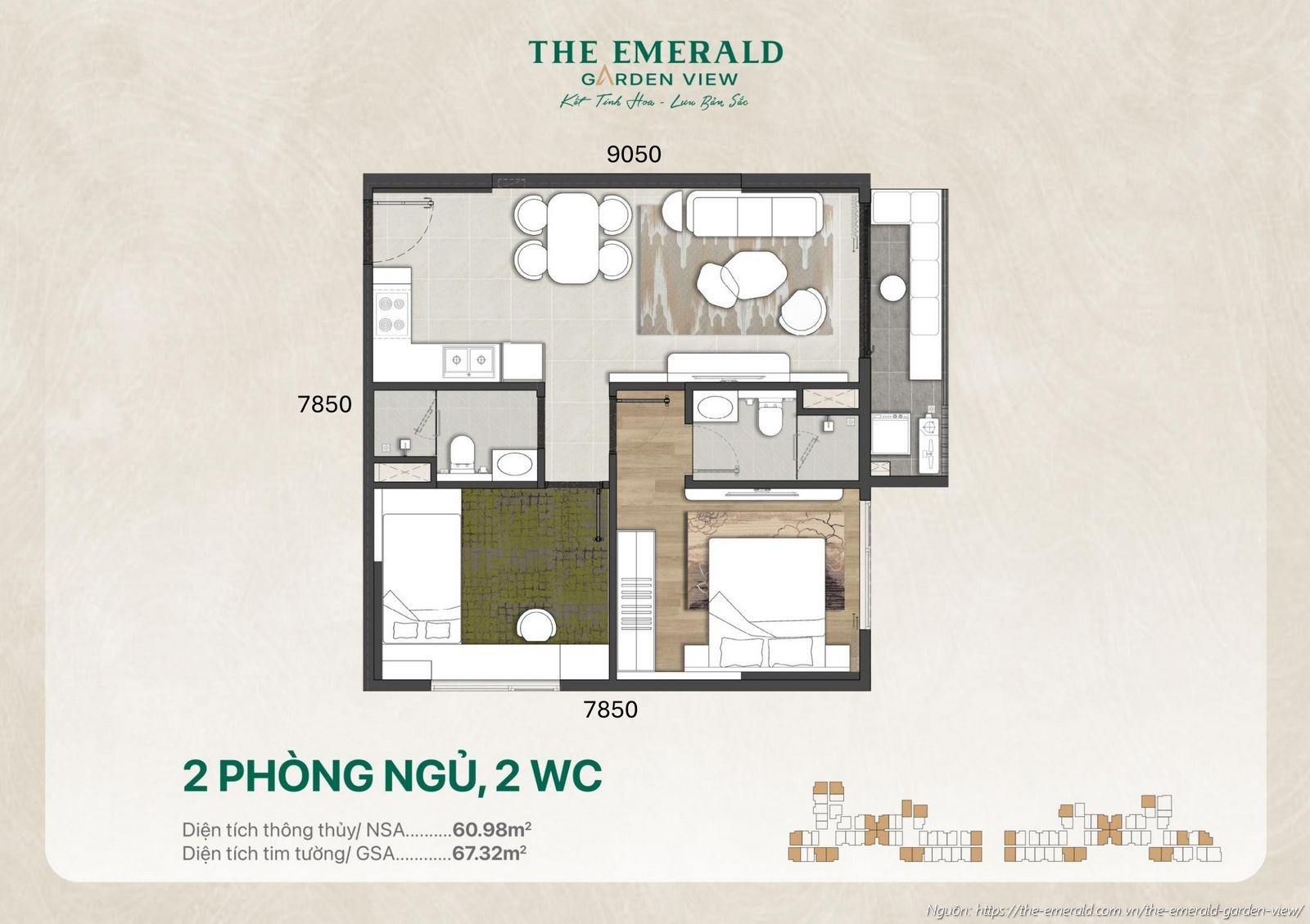 Layout thiết kế căn hộ 2 phòng ngủ 2WC diện tích tim tường 67.32 m2 dự án The Emerald Garden View