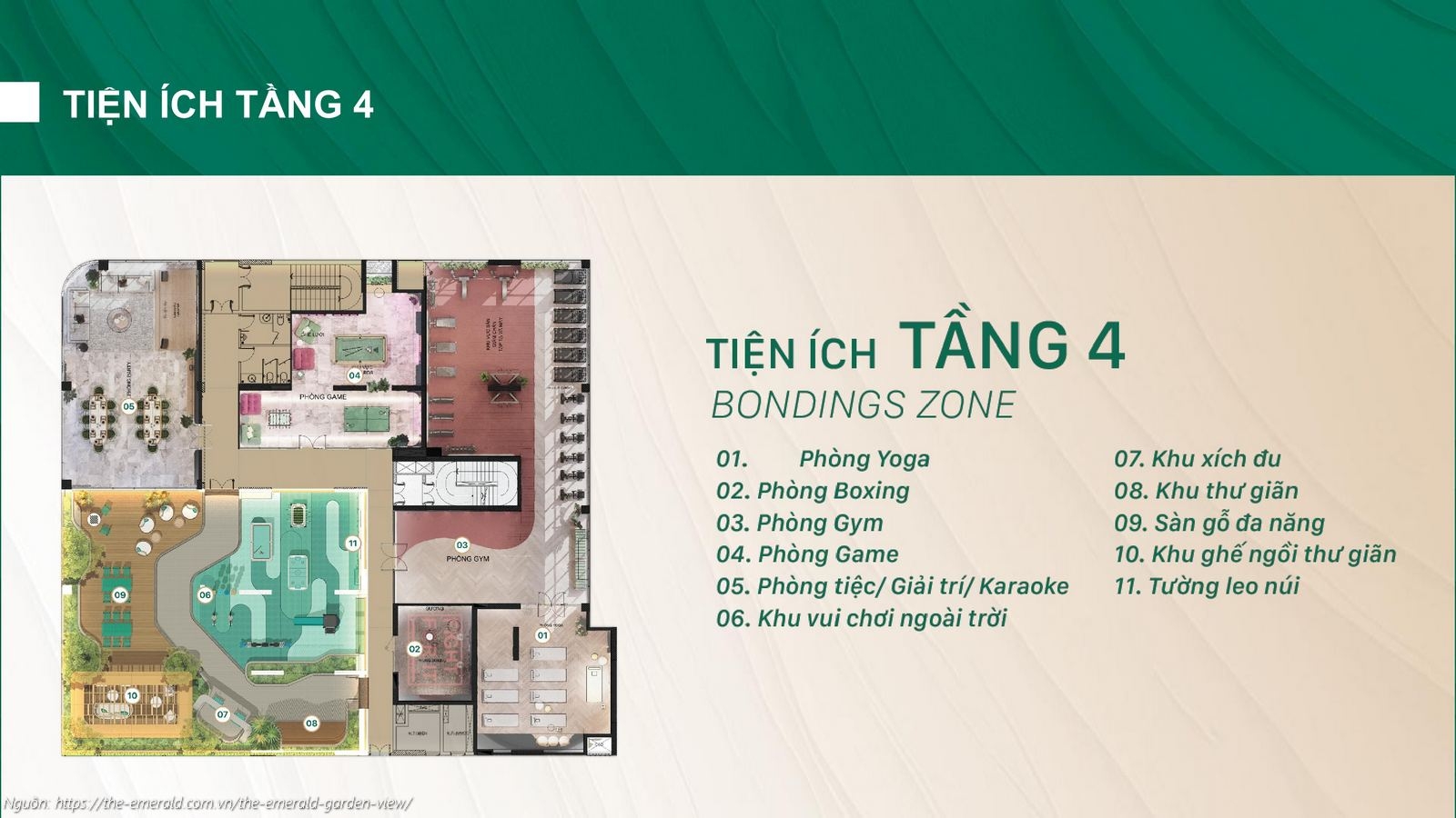Mặt bằng tiện ích Tầng 4 (Bondings Zone) dự án căn hộ The Emerald Garden View