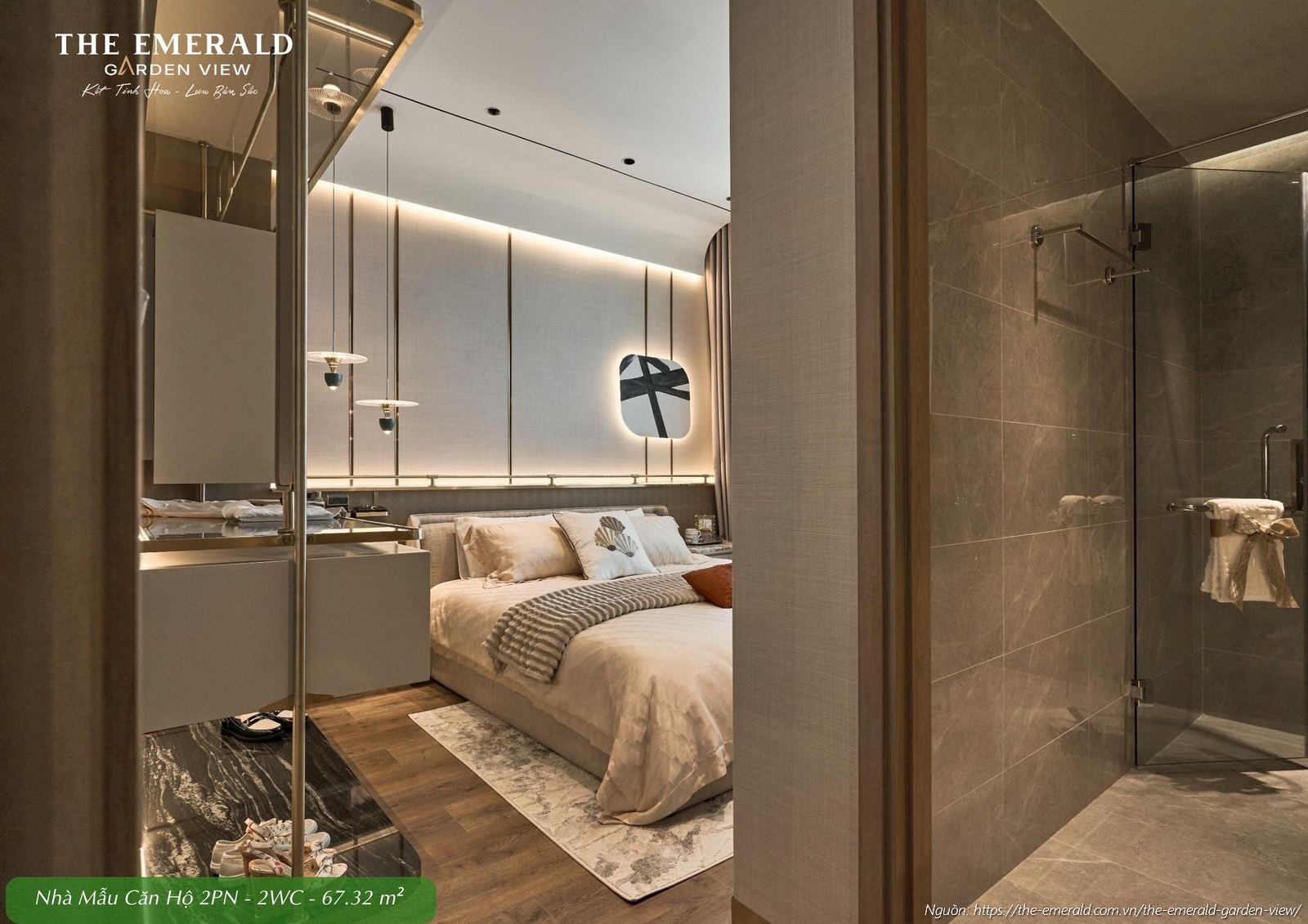 Nội thất phòng ngủ Master cao cấp tại nhà mẫu căn hộ 2 phòng ngủ diện tích tim tường 67.32 m2 The Emerald Garden View