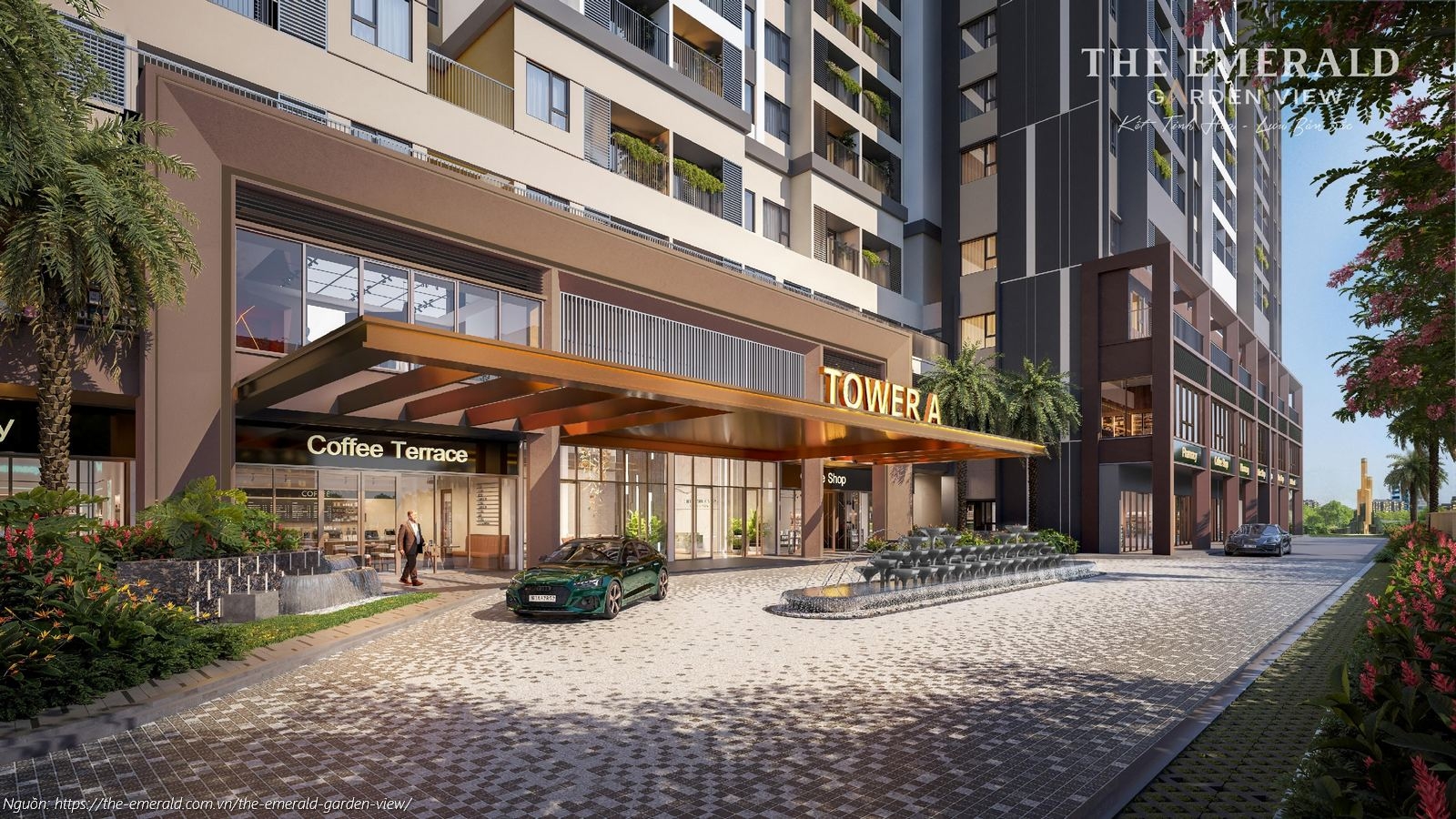 Phối cảnh sảnh vào (Drop-off) Tower A căn hộ chung cư The Emerald Garden View