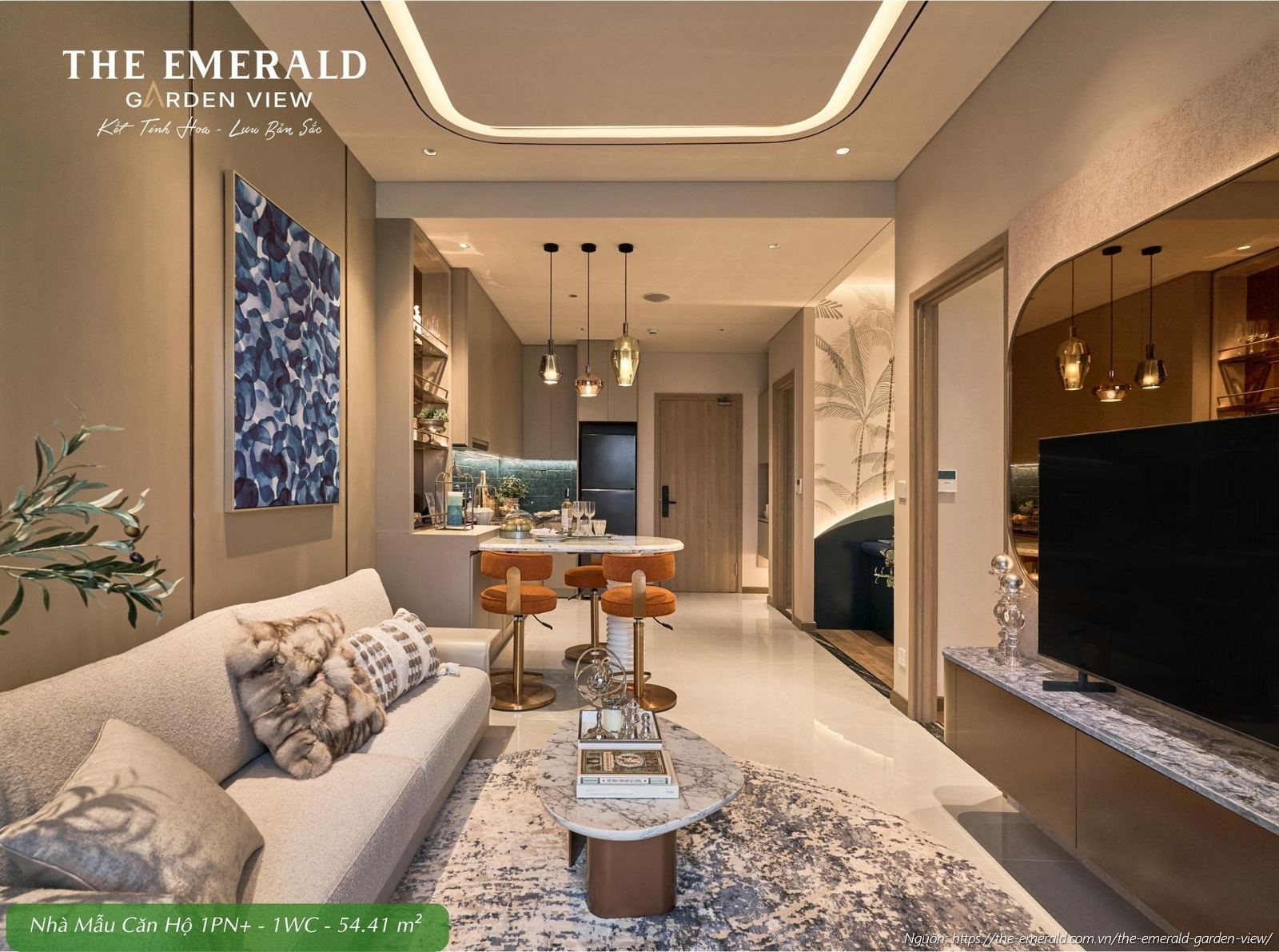 Nội thất phòng khách sang trọng nhà mẫu căn hộ 1 phòng ngủ cộng diện tích tim tường 54.41 m2 The Emerald Garden View