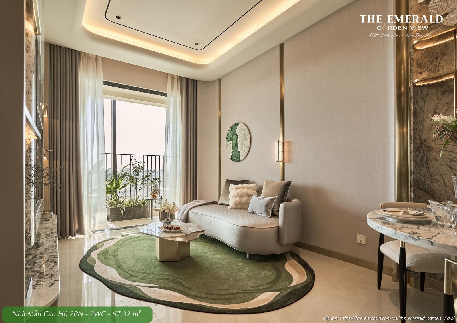 Không gian phòng khách hiện đại rộng rãi tại nhà mẫu căn hộ 2 phòng ngủ diện tích tim tường 67.32 m2 The Emerald Garden View