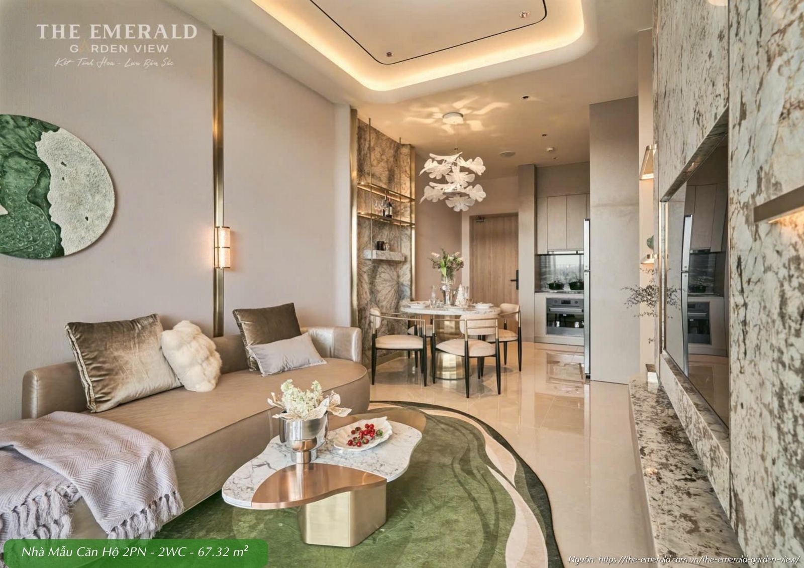 Không gian phòng khách hiện đại rộng rãi tại nhà mẫu căn hộ 2 phòng ngủ diện tích tim tường 67.32 m2 The Emerald Garden View