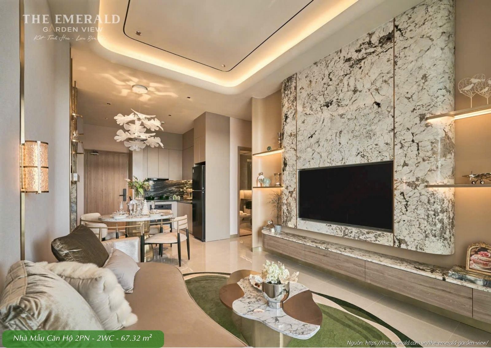 Không gian phòng khách hiện đại rộng rãi tại nhà mẫu căn hộ 2 phòng ngủ diện tích tim tường 67.32 m2 The Emerald Garden View