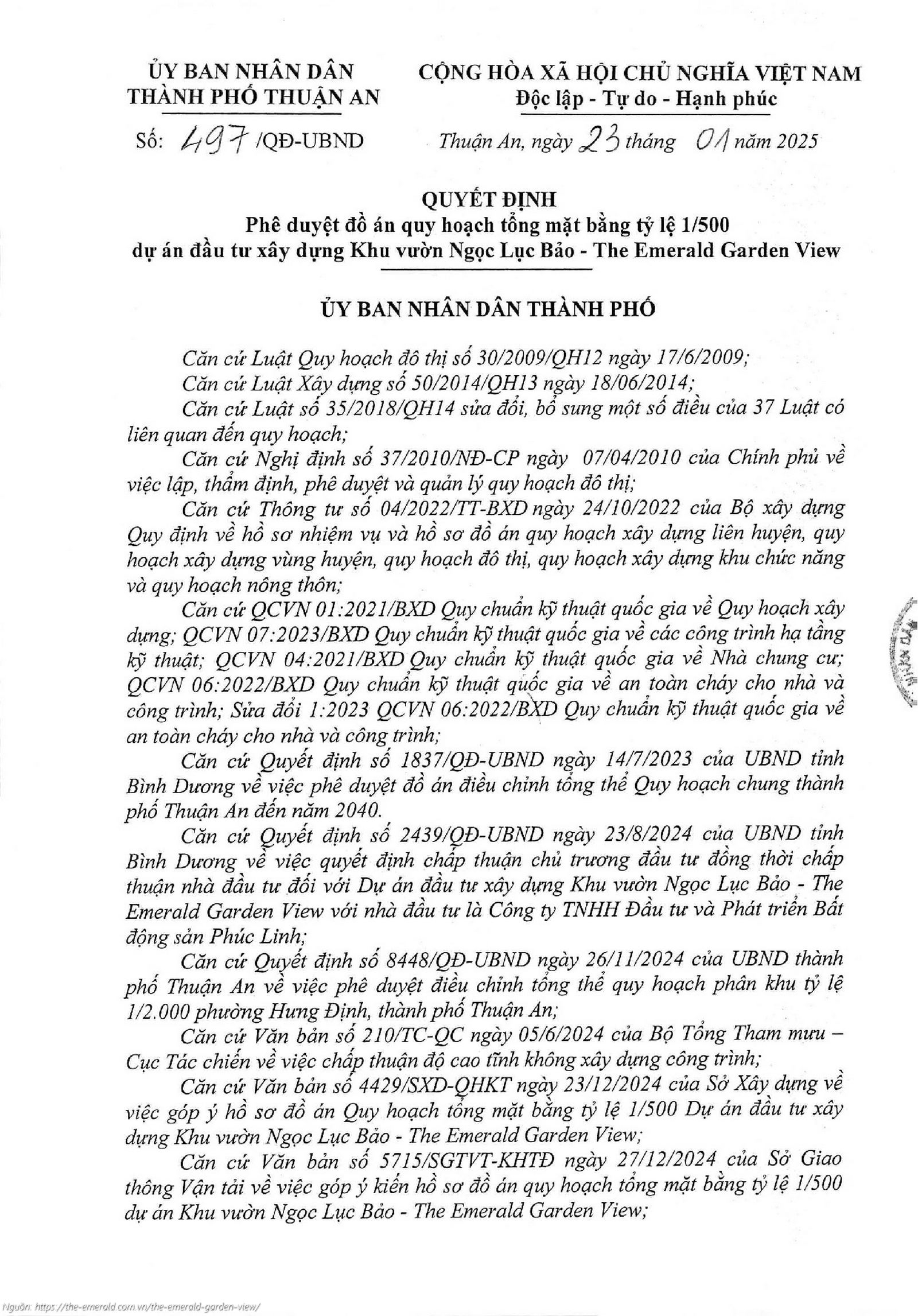 Quyết định phê duyệt quy hoạch chi tiết 1/500 dự án The Emerald Garden View