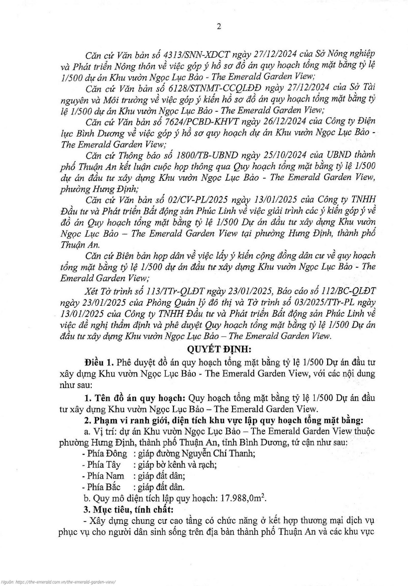 Quyết định phê duyệt quy hoạch chi tiết 1/500 dự án The Emerald Garden View