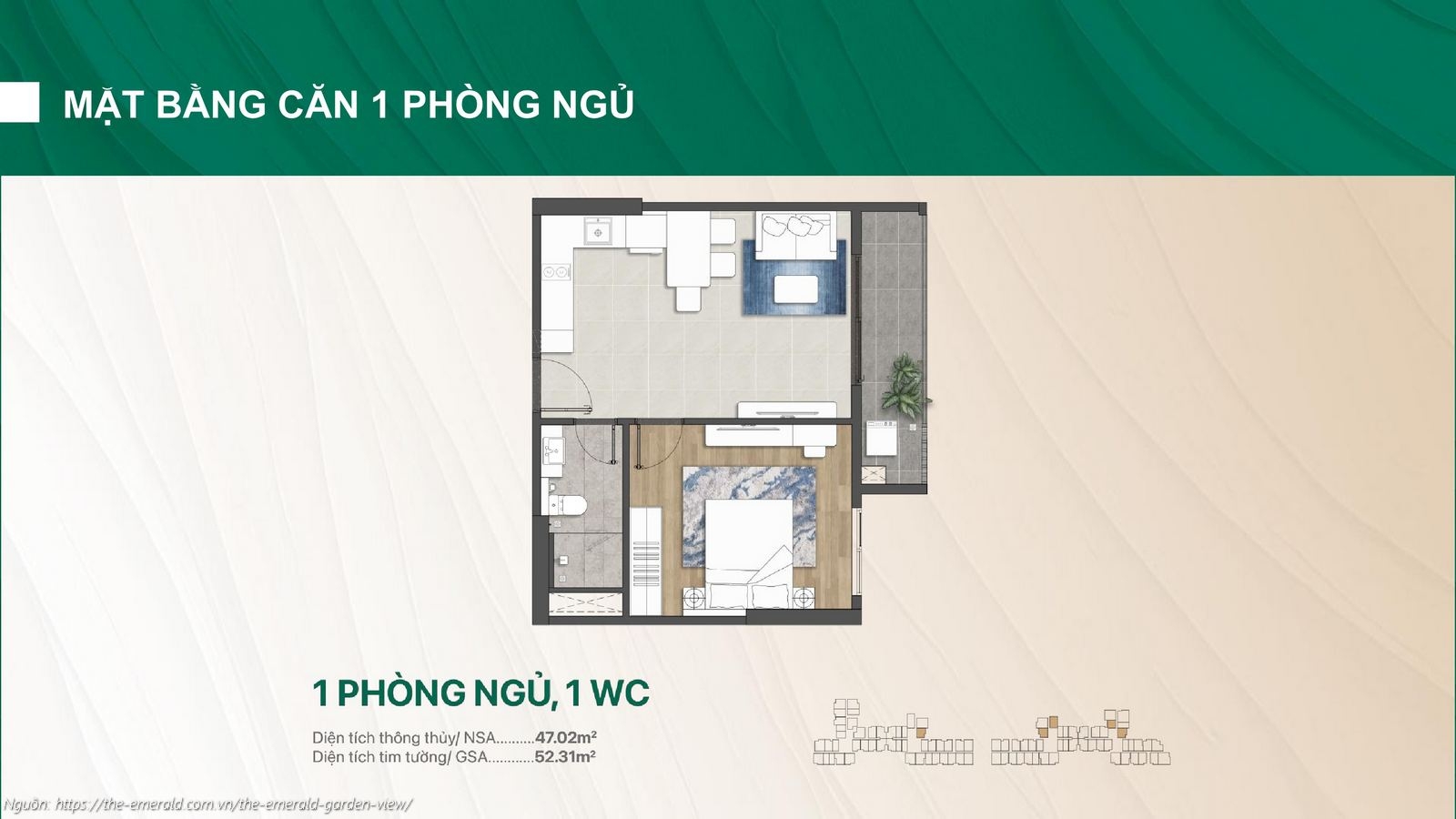 Thiết kế căn hộ 1 phòng ngủ, 1WC (47.02m²) chung cư The Emerald Garden View