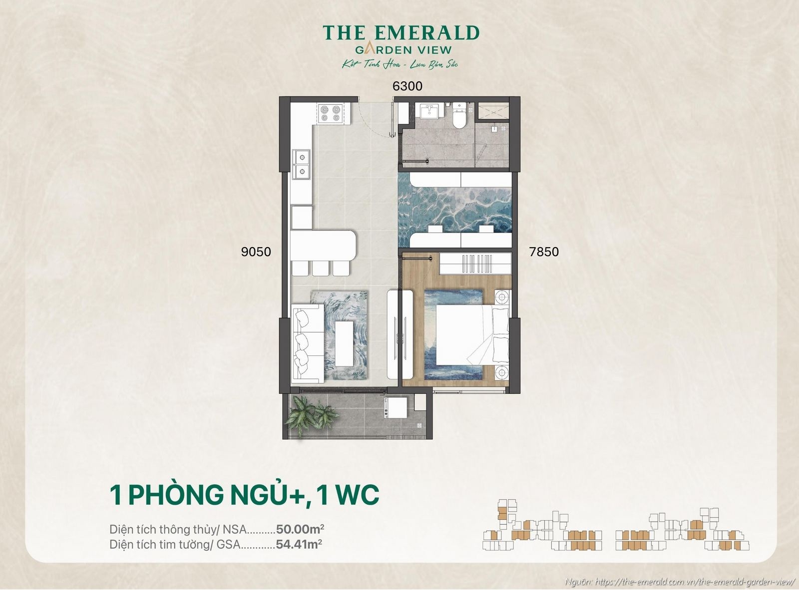 Thiết kế căn hộ 1 phòng ngủ cộng (+) diện tích tim tường 54.41 m2 dự án The Emerald Garden View