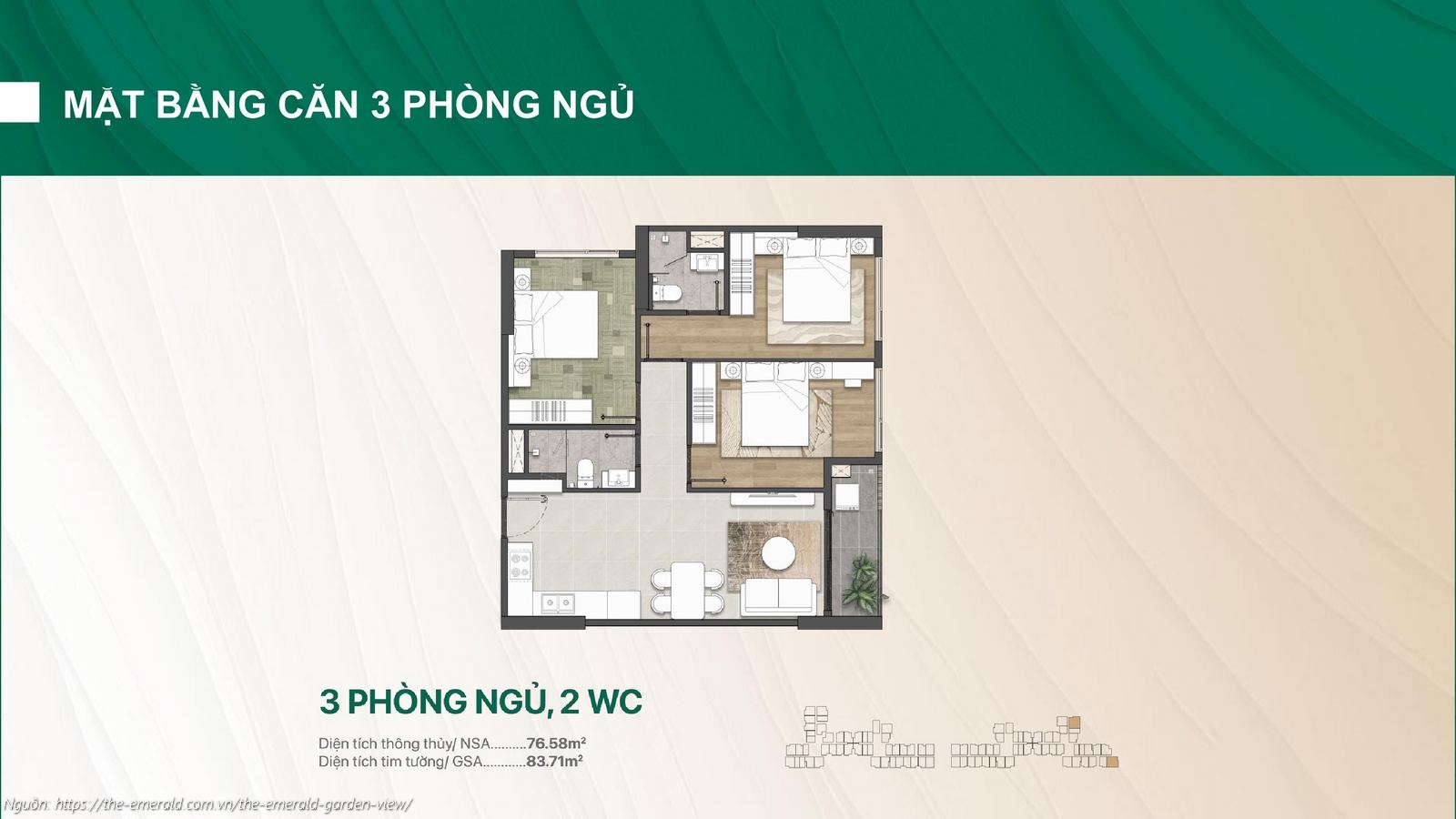 Thiết kế căn hộ 3 phòng ngủ, 2WC (76.58m²) chung cư The Emerald Garden View