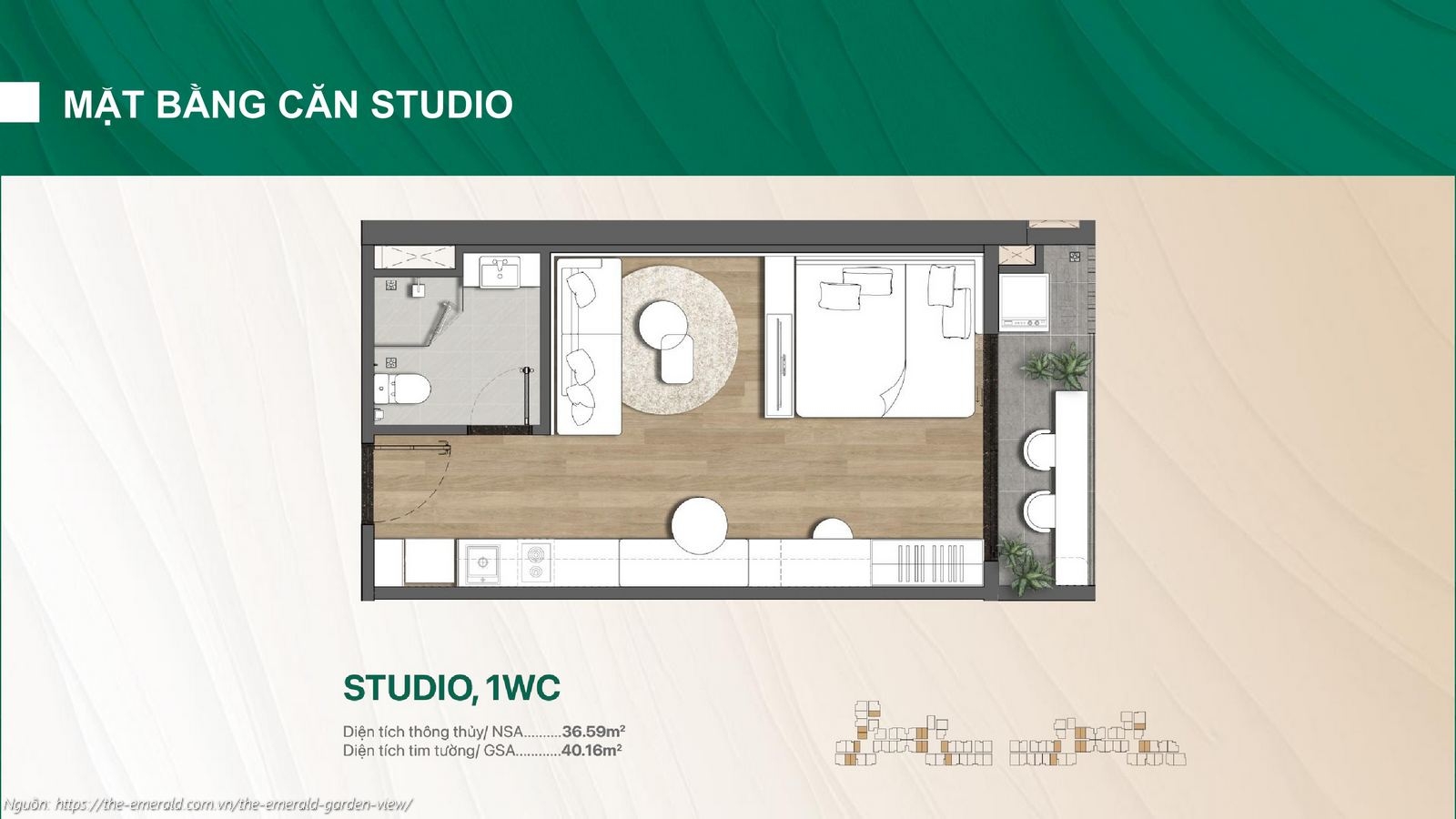 Thiết kế căn hộ Studio, 1WC (36.59m²) chung cư The Emerald Garden View