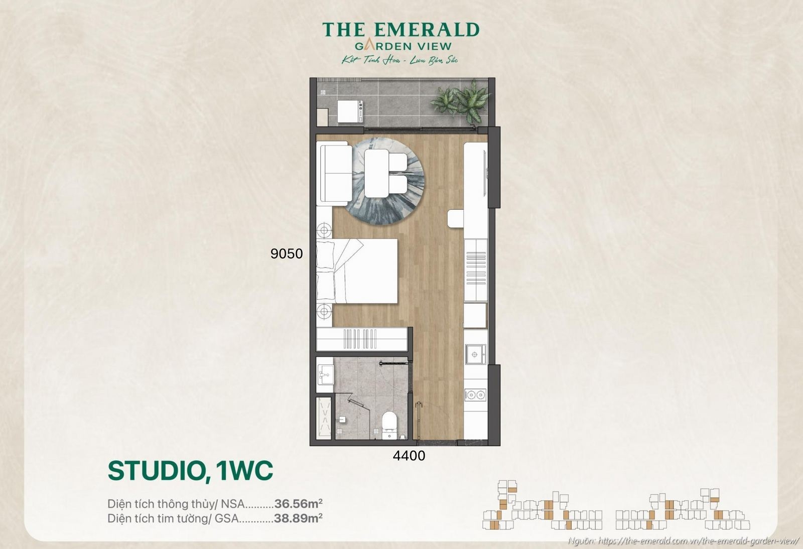 Thiết kế chi tiết căn hộ Studio diện tích tim tường 38.89 m2 dự án The Emerald Garden View