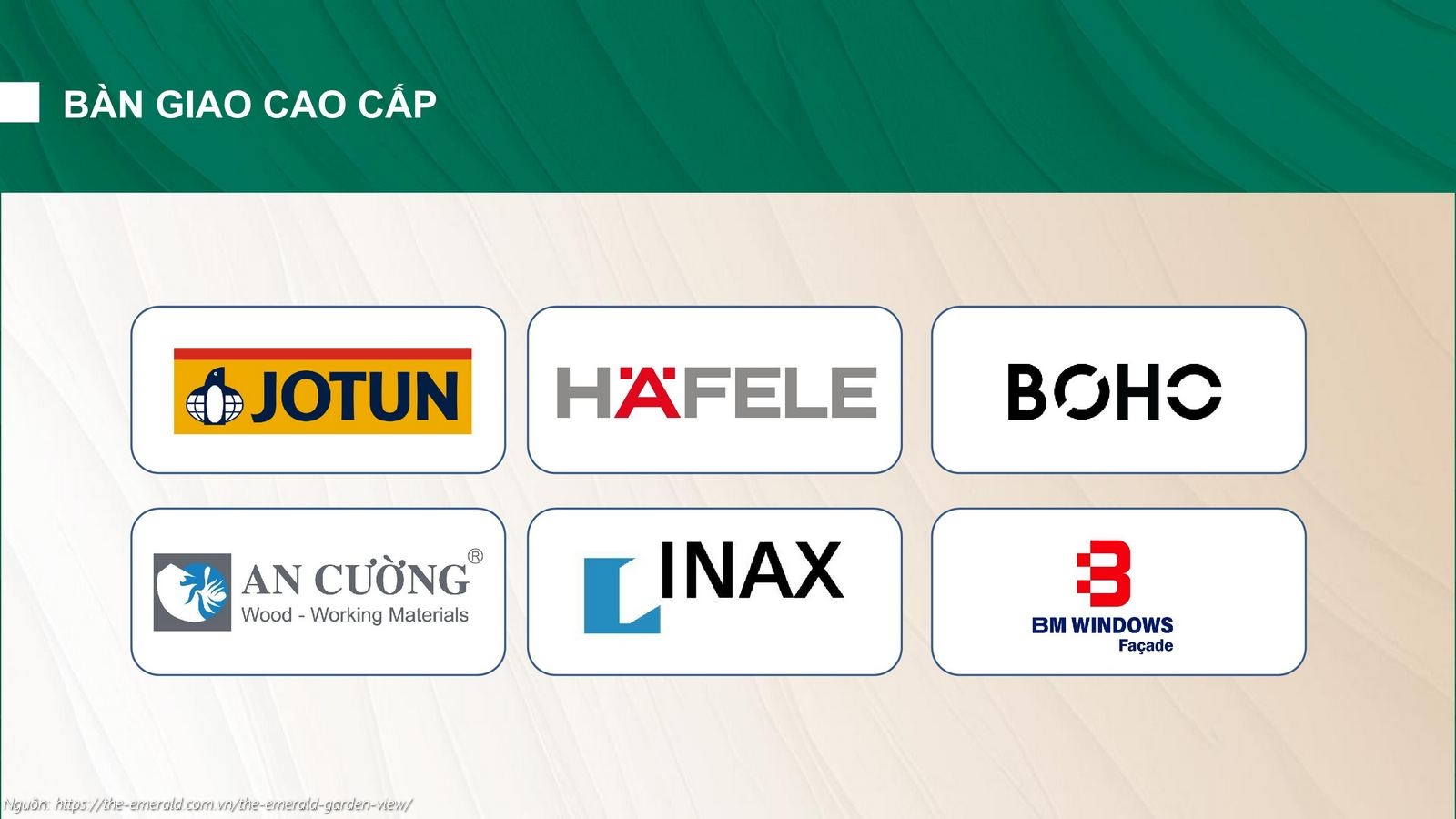 Vật liệu bàn giao cao cấp căn hộ chung cư The Emerald Garden View (Jotun, Häfele, Boho, An Cường, Inax, BM Windows)