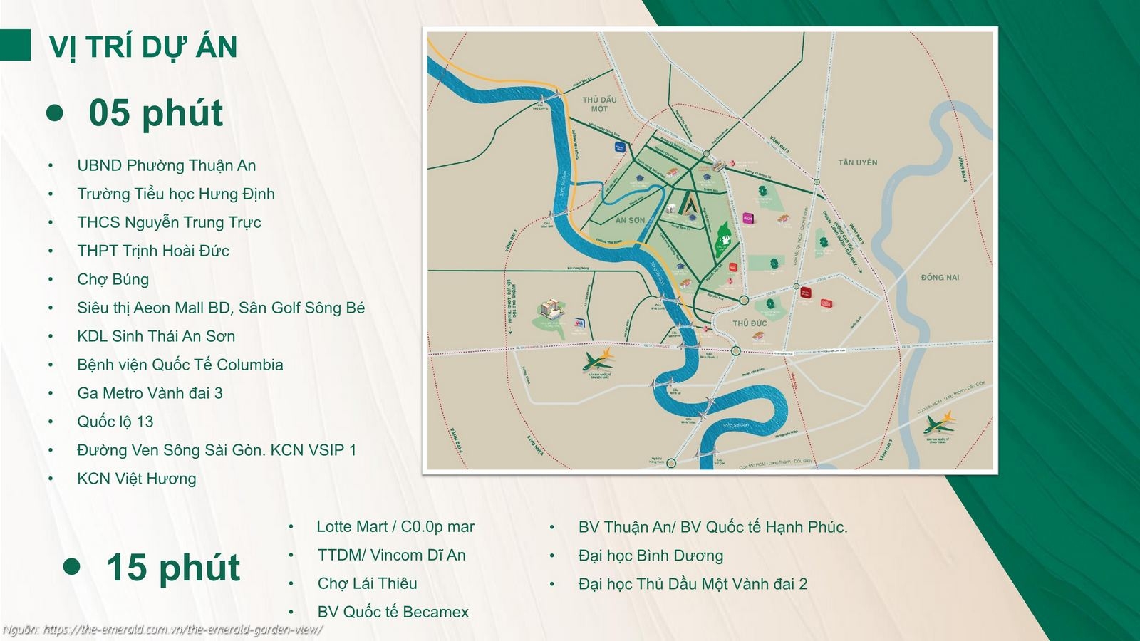 Vị trí dự án và tiện ích liên kết vùng (5 phút, 15 phút) căn hộ The Emerald Garden View