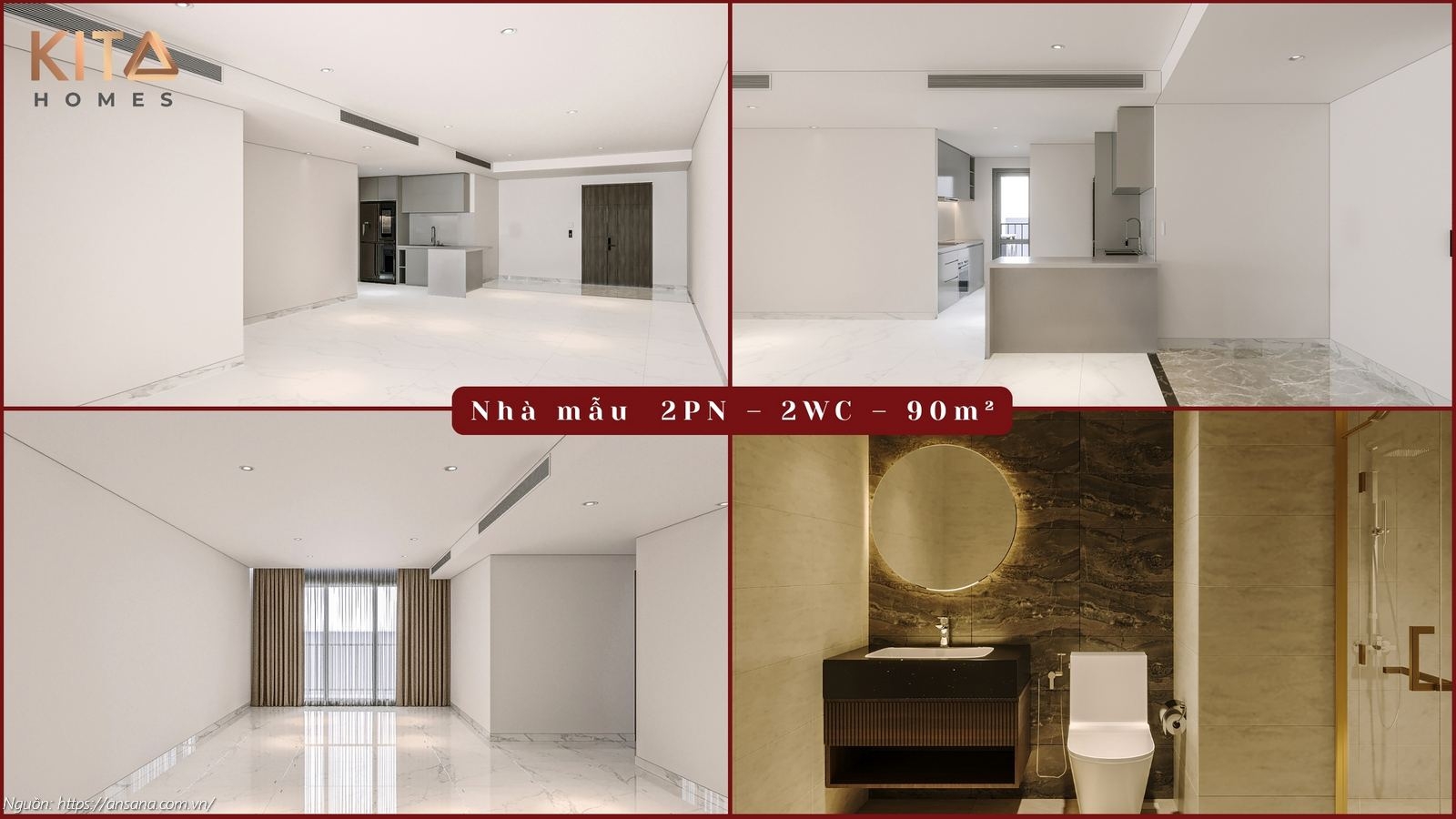 Nhà mẫu căn hộ 2PN - 2WC diện tích 90m2 dự án Ansana By Kita Võ Văn Kiệt