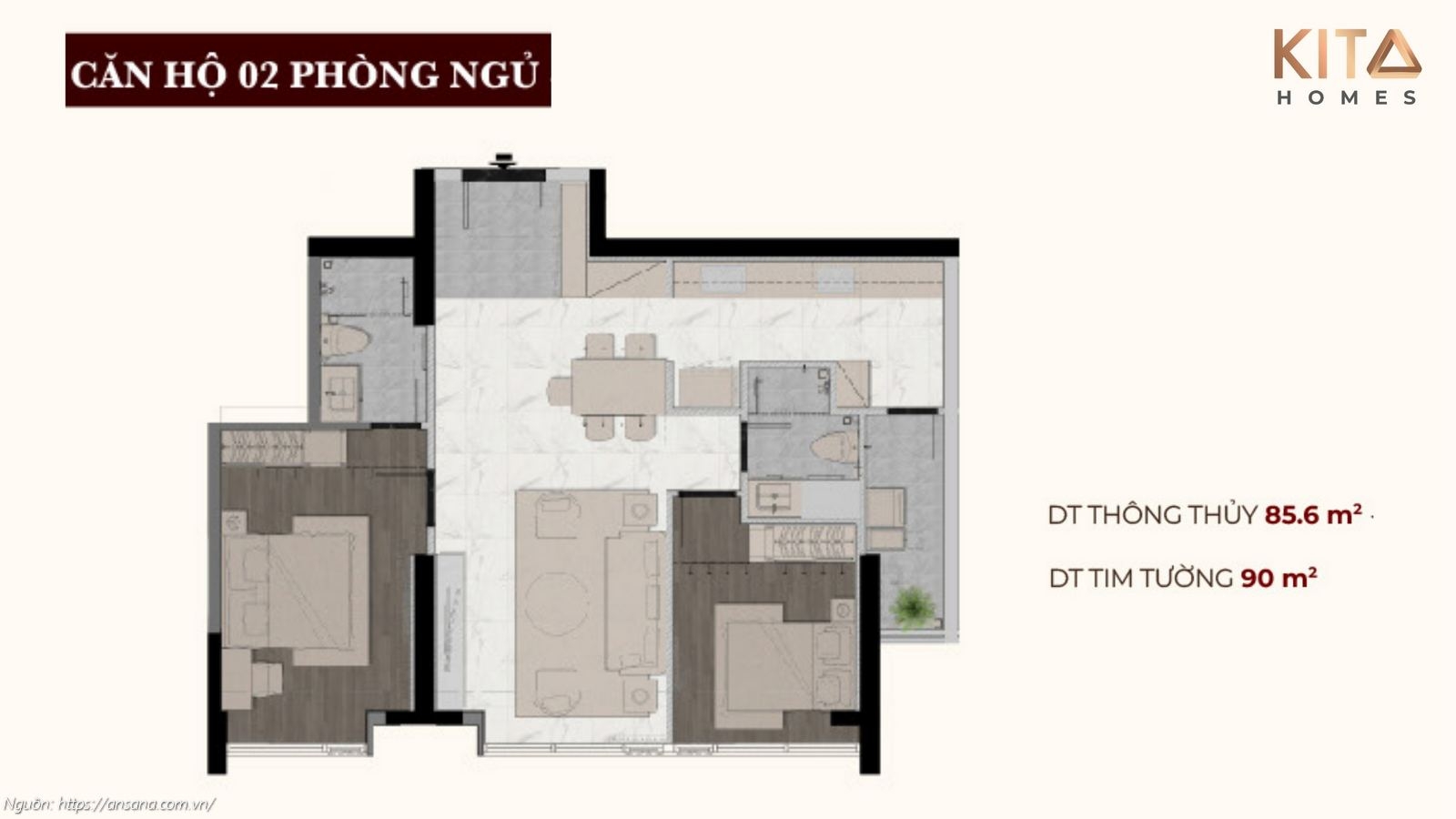 Thiết kế chi tiết căn hộ 2 phòng ngủ diện tích 90m2 tại dự án Ansana by Kita Bình Tân