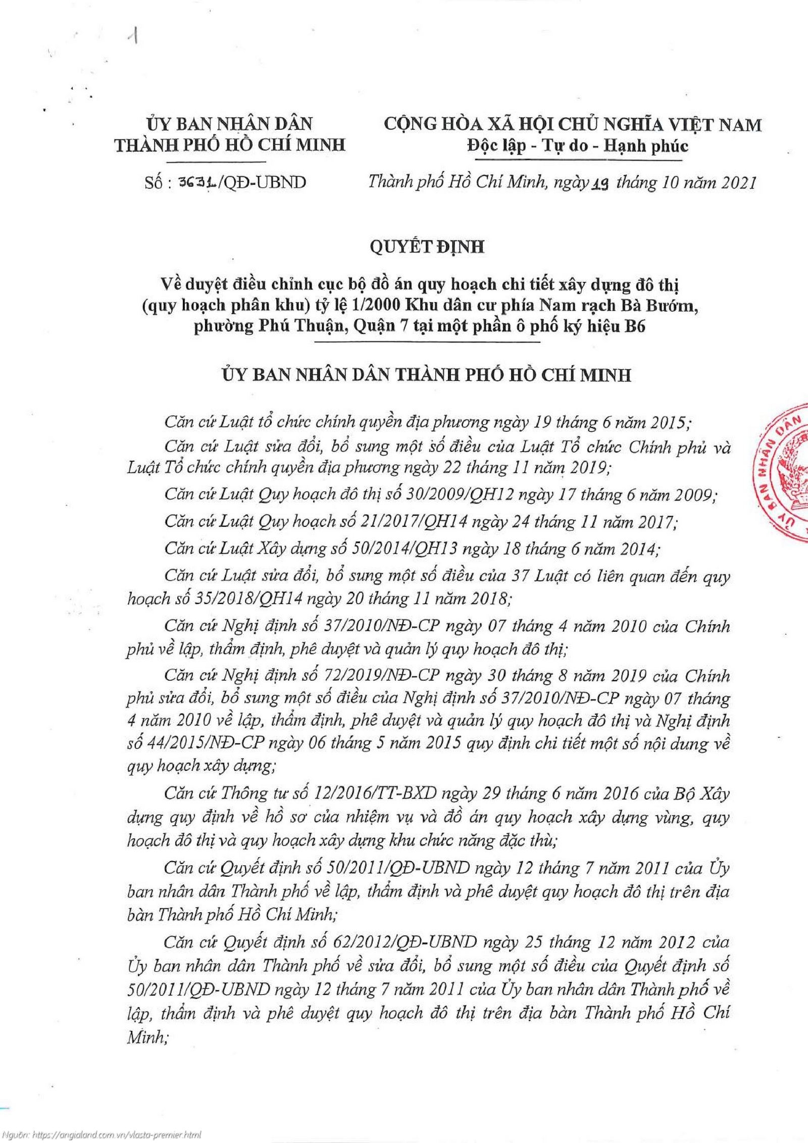 Điều chỉnh quy hoạch 1/2000 dự án căn hộ chung cư Vlasta Premier Quận 7